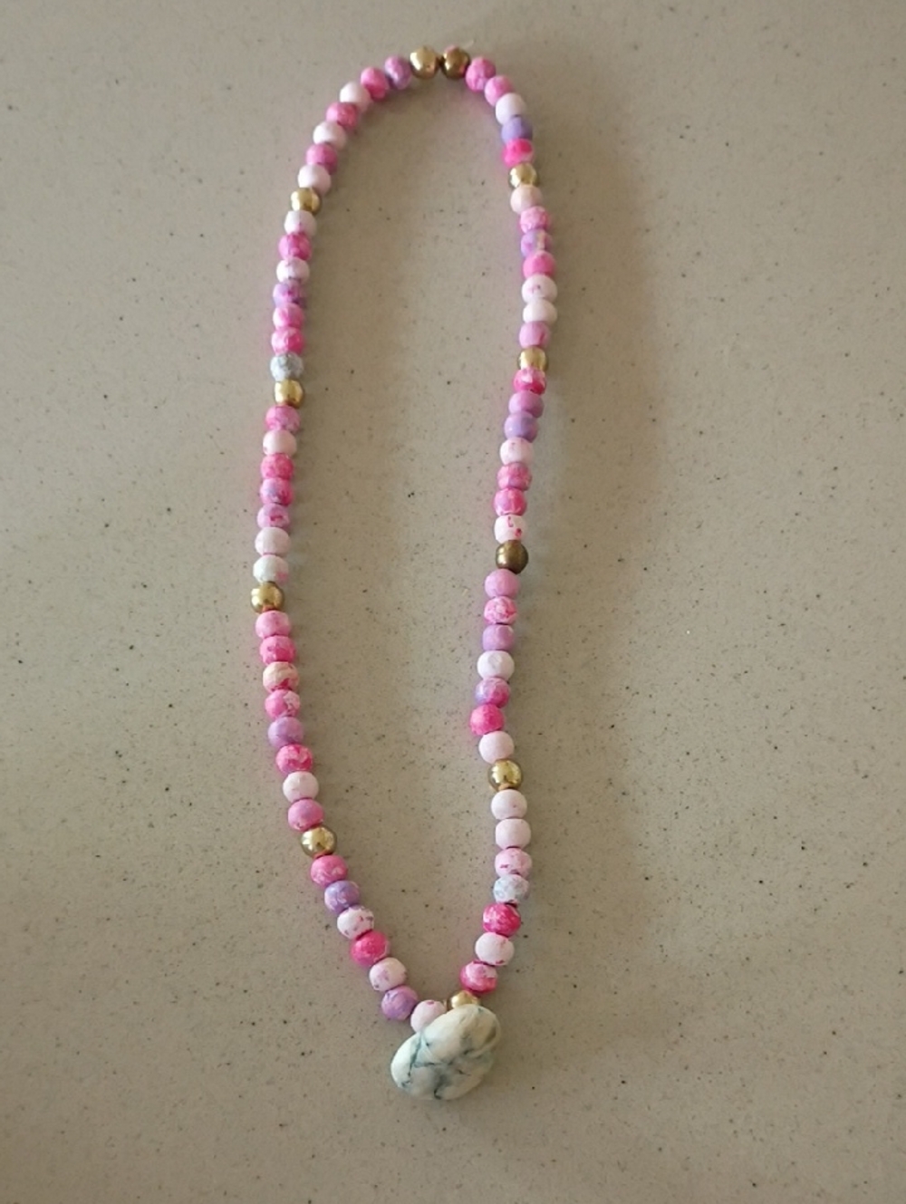 Pink Beaded Necklace with Gold Accents and Marble Pendant